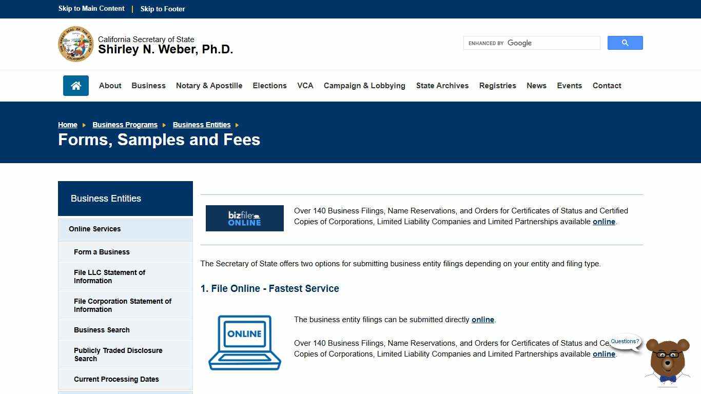 Forms, Samples and Fees :: California Secretary of State